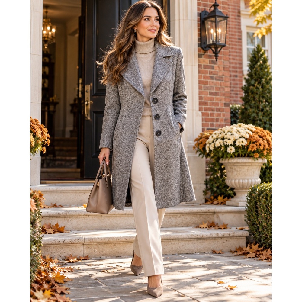 Womens Grey Herringbone Longline Pea Coat Button Front Jacket Grey - Picture 2 of 16